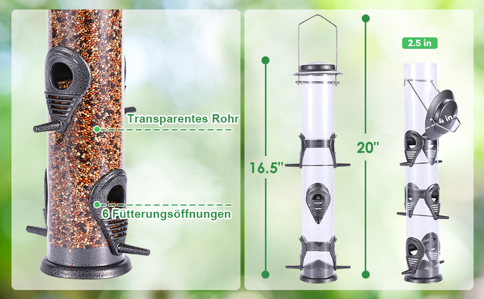 Годівниця для птахів Mixxidea з металевої труби для саду, балкону, 6 портів, сірого кольору