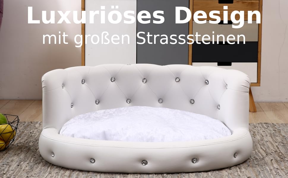 Ліжко для собак DaMi Luxus з великими стразами, овальне, біле, 35x73x63 см. Зручне, м'яке, для комфортного сну вашого улюбленця.