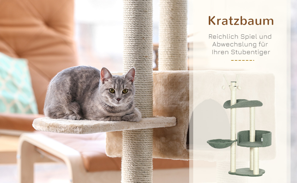 Дерев'яний будиночок для котів PawHut 123H - когтеточка, ліжко, іграшки, сизаль, плюш, кремово-білий+зелений