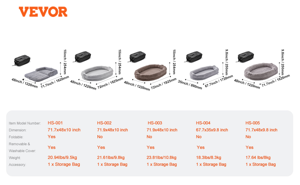 Ліжко для собак VEVOR, 1825 x 1220 x 254 мм, сіре, з ортопедичною піною та штучним хутром, для дорослих собак, з сумкою для зберігання