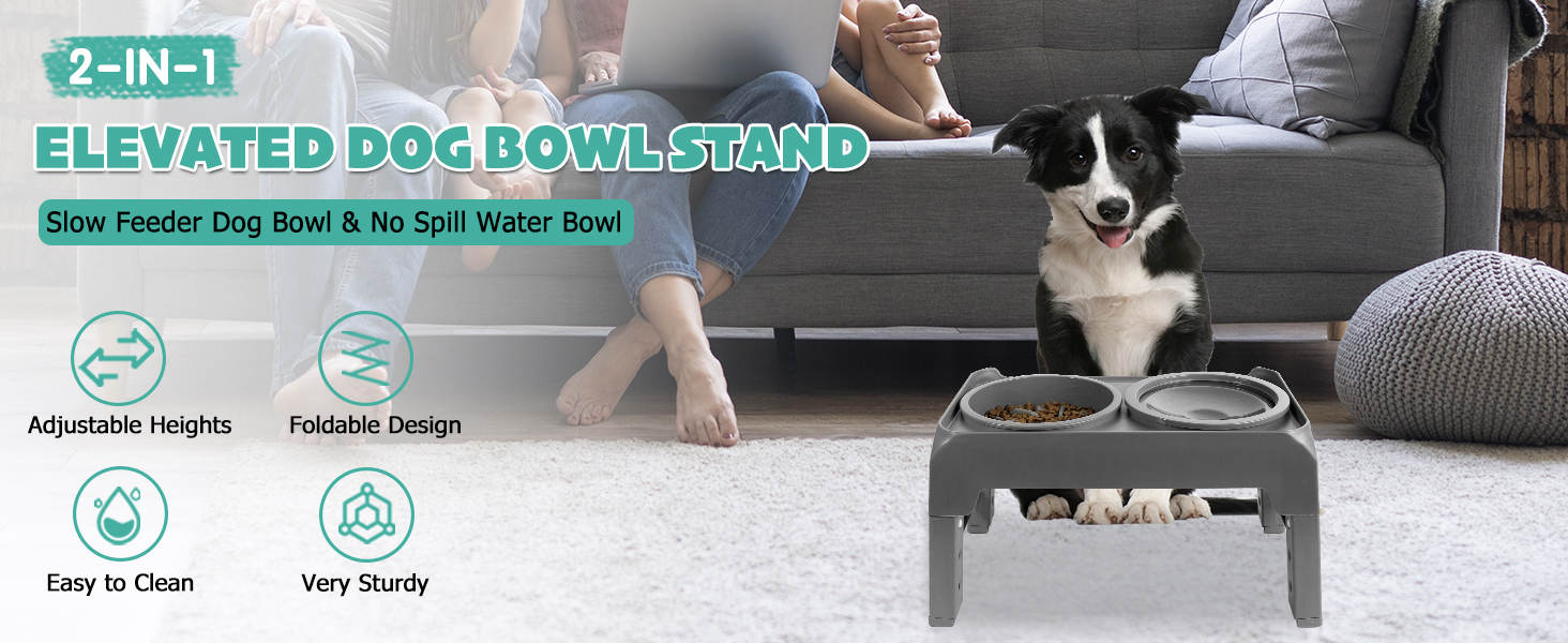 Підвищений годівниця для собак, регульована висота, повільний годівник та миска для води без розбризкування, набір, миска для корму для собак, миска для води для великих, середніх, маленьких собак, котів та домашніх тварин (сірий)