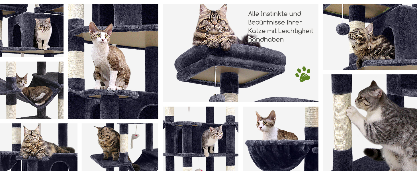 Котячий будиночок Globlazer XXL: великий, 204 см, з 3 лежаками, 2 будиночками, 2 кошиками, гамаком, стабільний для великих котів та кількох котів (F80, темно-сірий)