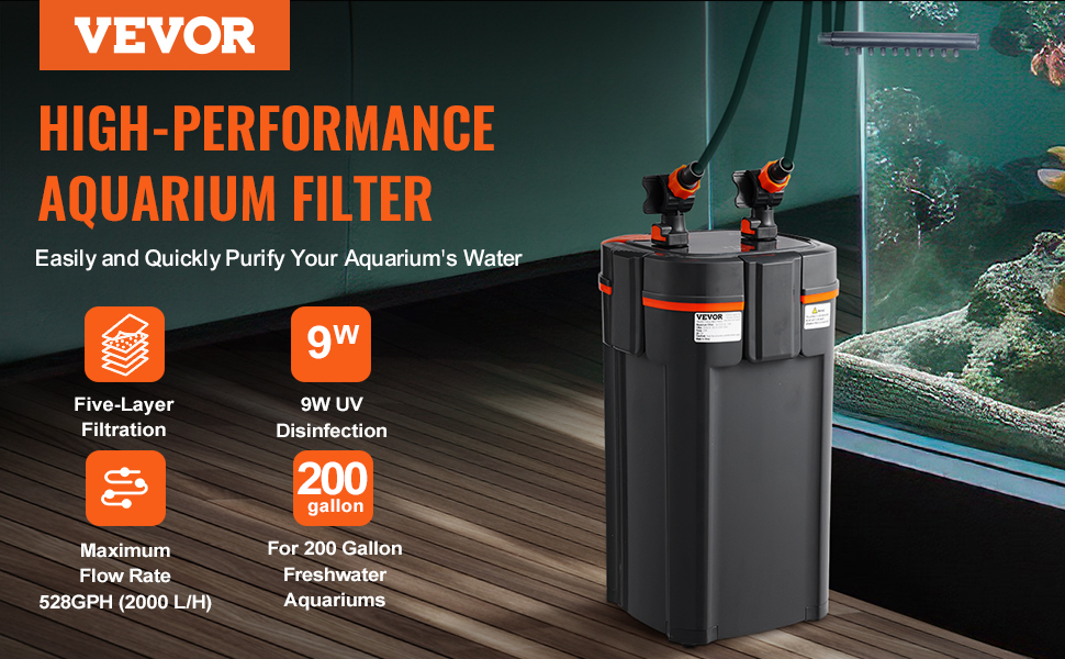VEVOR акваріумний фільтр 264GPH, 3-ступеневий каністровий фільтр 284л, ультратихий внутрішній фільтр з УФ-захистом, багатофункціональний занурювальний фільтр для акваріумів, 11 Вт