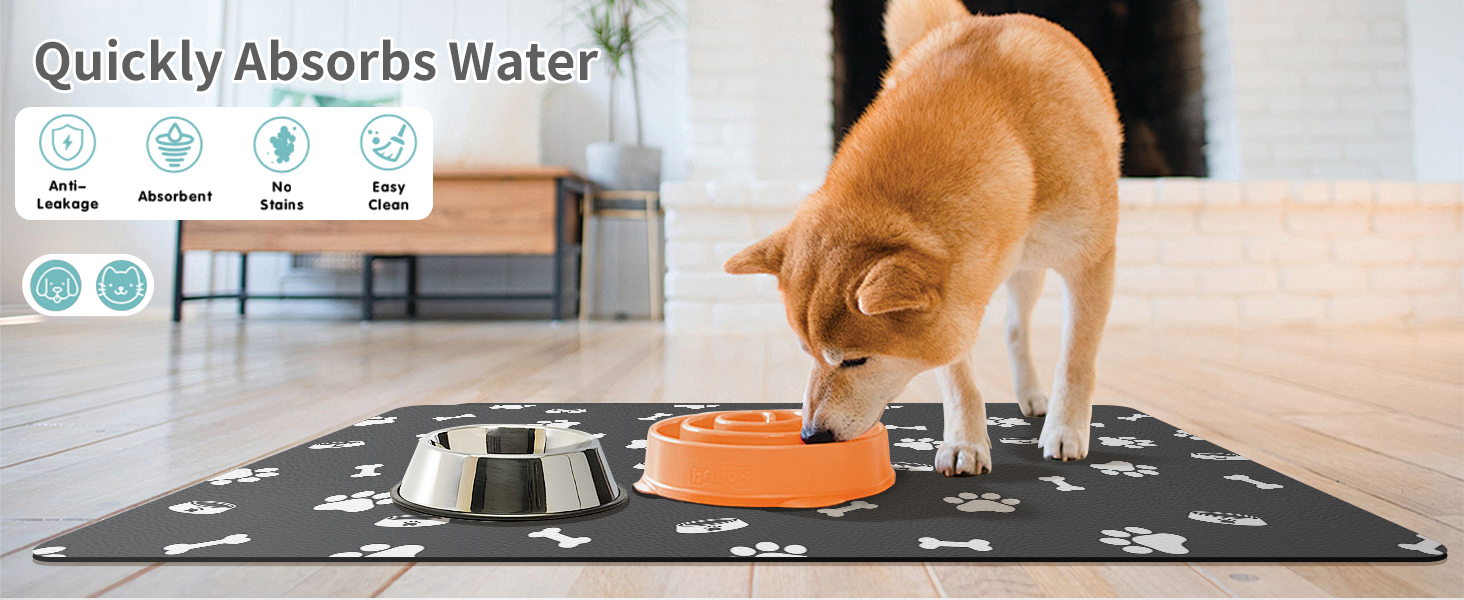 Підкладка для годівлі домашніх тварин – вбираюча підкладка під миски для їжі та води, без плям, швидковисихаюча (темно-сіра, з кількома лапами, 44.5 x 71 см)