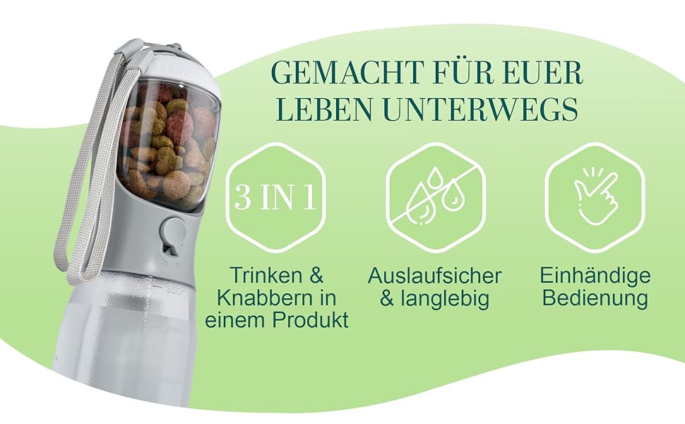 Поїлка-фляга для собак 300 мл - 3 в 1 | Фляга для води для собак, виготовлена з BPA-free матеріалу, з функцією автоматичного наповнення | Підходить для маленьких та середніх собак, сірого кольору