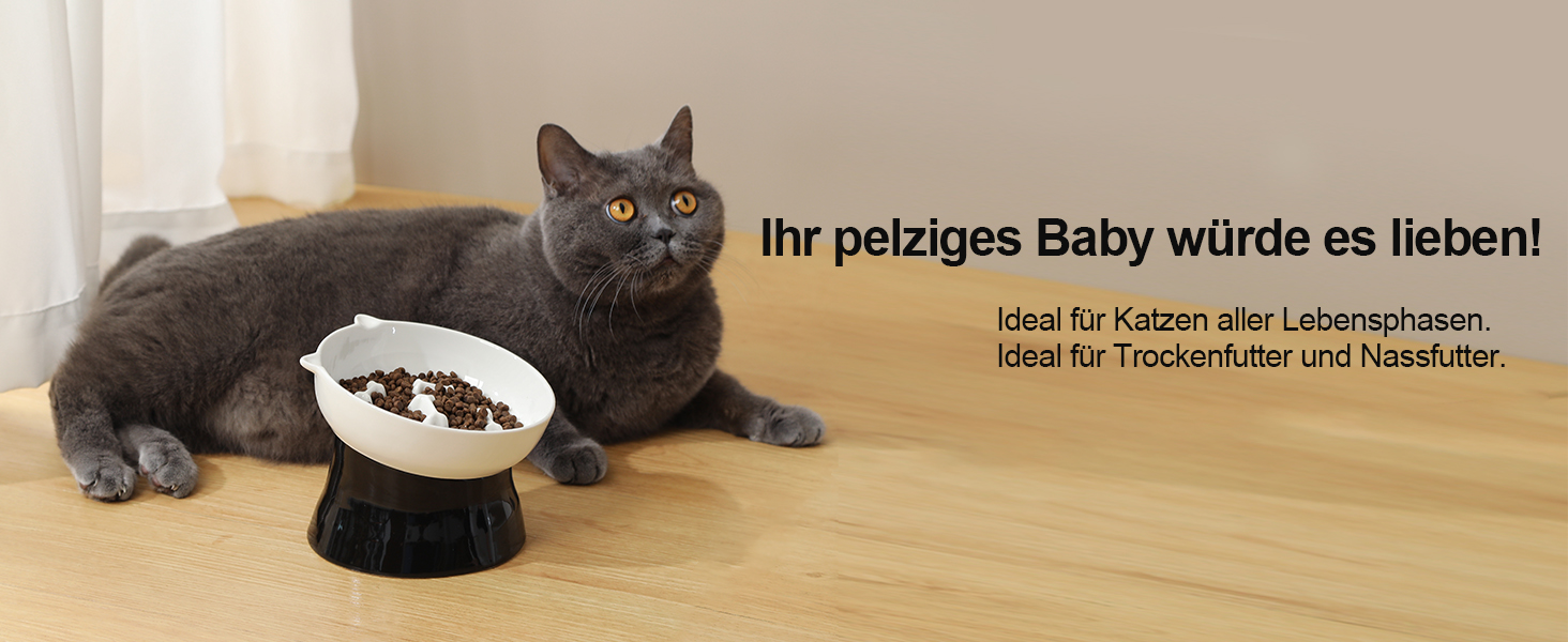 Антислизька годівниця для котів з кераміки, піднята - годівниця-лабіринт для повільного годування, нахилена проти блювоти, чорно-біла