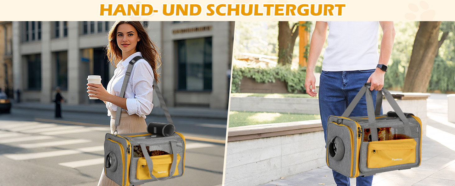 Транспортна переноска Pawinner для котів та собак, 45x33x33 см, з візком для авто та літака, складана, дихаюча, до 9 кг (Сірий, Світло-жовтий)