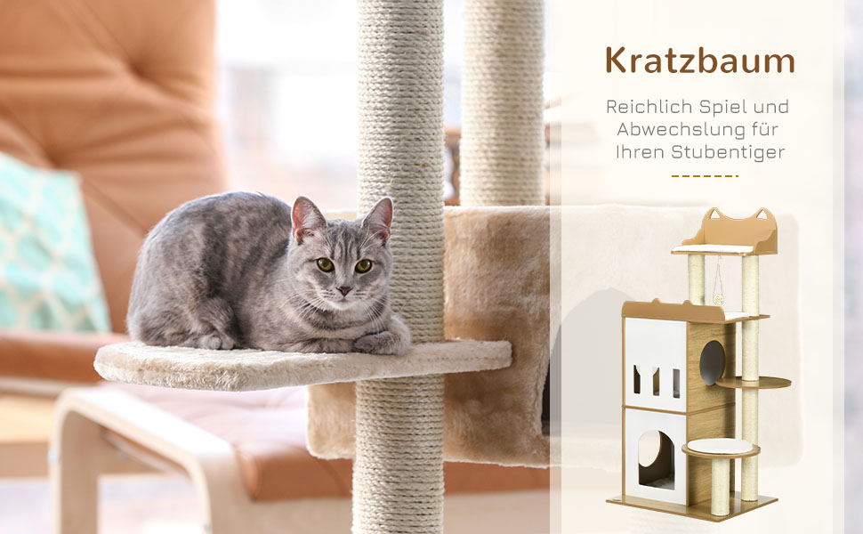 Дерев'яний кігтеточки PawHut 133 см з 2 будиночками для котів, кріплення для лазіння, сучасний дизайн, з корисними аксесуарами, для дому