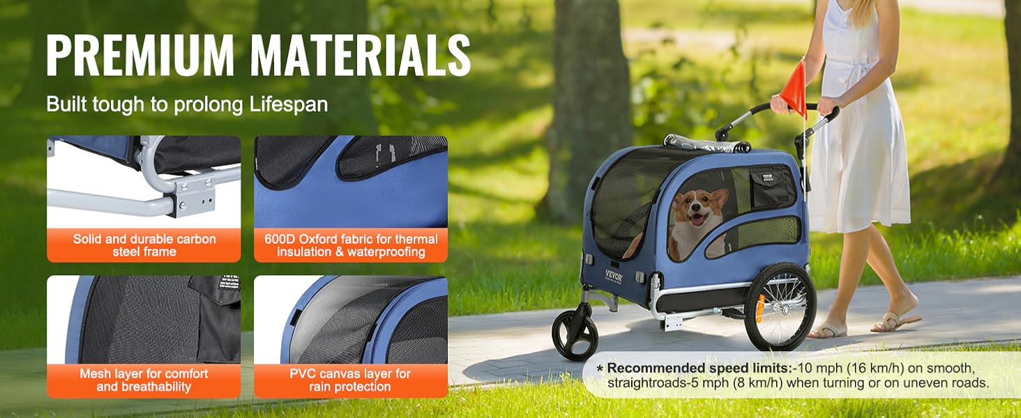 Фургон для собак VEVOR 45 кг 2-в-1: велосипедний/дитячий, сталь + Oxford 600D, синій
