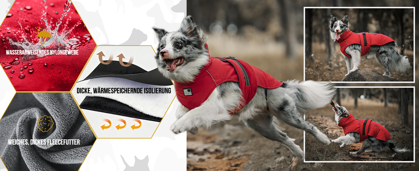 OneTigris STORMWALL Водонепроникний дощовик для собак з регульованою довжиною спини, флісовою підкладкою, світловідбиваючими елементами та коміром з хутра для прогулянок на природі, середніх та великих собак, L (XL:39-64кг, червоний)