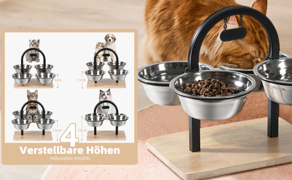Підвищений годівниця для котів JUJOYBD з 4 нержавіючими мисками, регульована висота, станція годування, миски для їжі та води для котів та маленьких собак