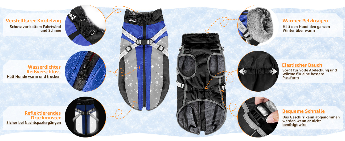 Зимовий теплий одяг для собак: водонепроникна флісова куртка з кріпленням для повідка. Підходить для собак маленьких, середніх та великих порід (XS, Синій)