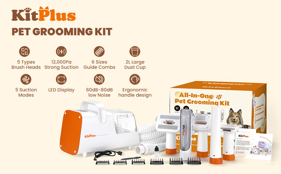Набір для догляду за собаками Kitplus: 11 інструментів, потужність 12000 Па, LED-дисплей, об'єм контейнера 2 л