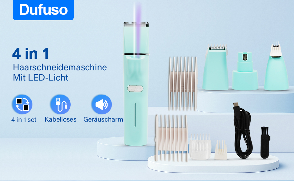 Набір для стрижки котів Dufuso Leise Schermaschine: 4 в 1, LED-підсвічування, професійний триммер для собак та котів, для догляду за лапами, очима, вухами, обличчям та тілом (білий/зелений)
