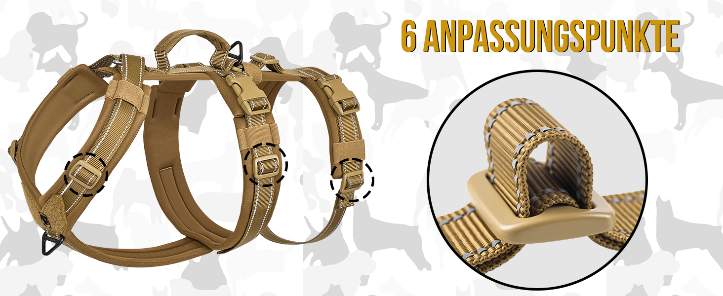 OneTigris HOUNDLOCK Тактичне шлейка для собак, надійна, регульована, з м'якою підкладкою, з ручкою, 2D-кільцями та світловідбиваючими елементами (M, L:27-41кг, обхват шиї 45-63см, обхват грудей 68-91см), Колір: Коричневий