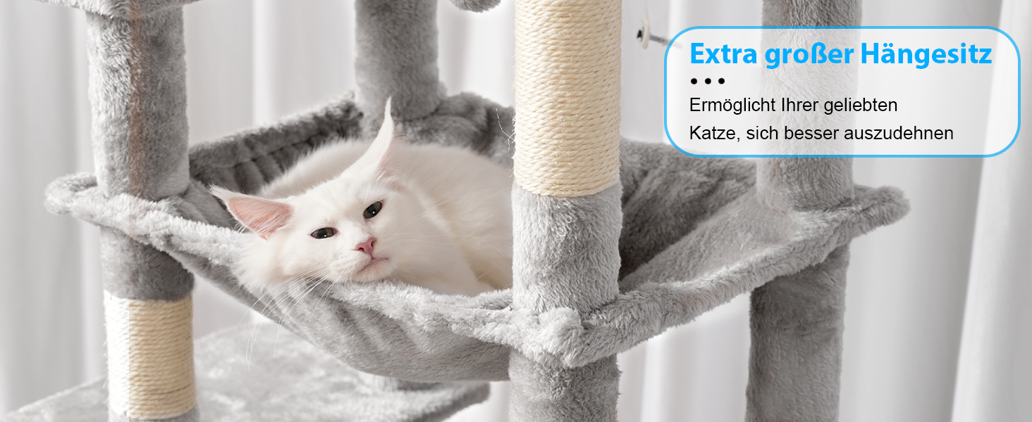 Багатоярусний котячий будиночок Hey-brother Kratzbaum з лежаком, гамаком та котячим будиночком, 145 см, сірий EMPJ057W