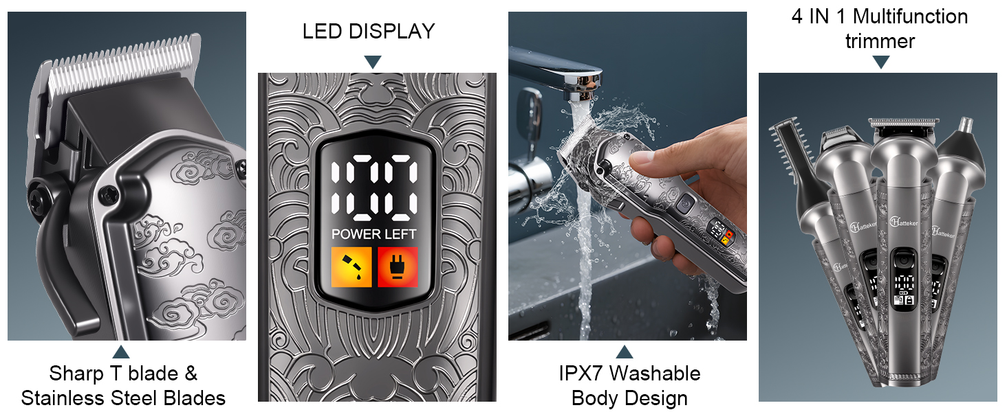 Електрична машинка для стрижки волосся Hatteker Profi – триммер для бороди та тіла, чоловічий, з T-подібною насадкою, водонепроникна (сірий)