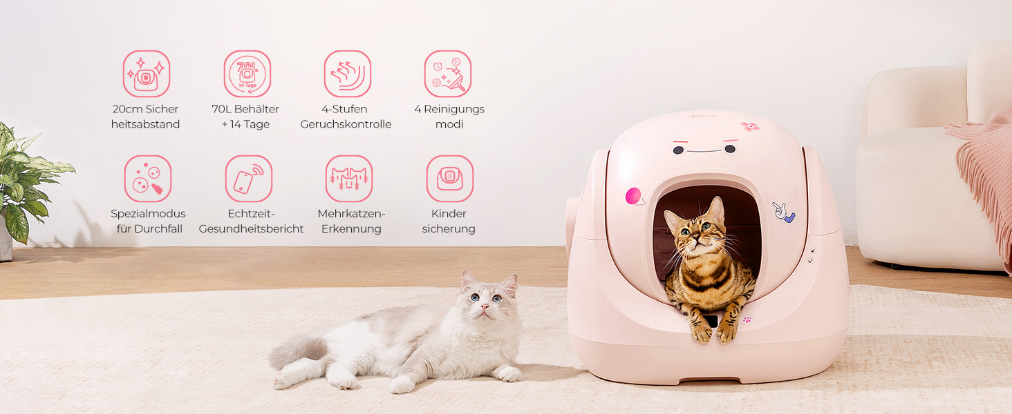 Лотки для котів CATLINK Baymax з автоочищенням, 70л, XXL, 7-рівневий захист від протікання, керування через додаток, розпізнавання кількості котів – підходить для кількох котів, білий (рожевий)