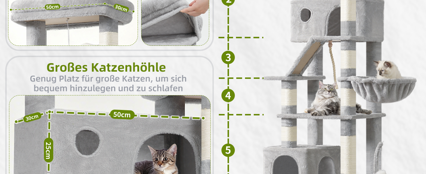 Великий котячий будиночок Kratzbaum GCT031W 200 см сірий: кігтеточка, платформа, гамак, печери для котів