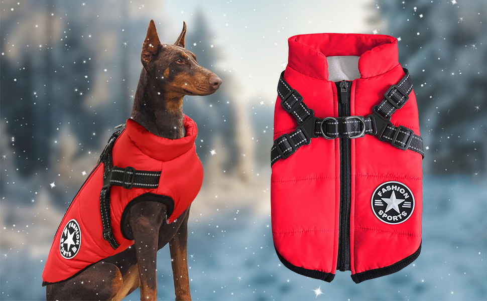 Водонепроникна куртка для собак середнього розміру на зиму. Тепла, з підкладкою, з грудним ременем, світловідбиваюча, без рукавів, з шлейкою, червона M