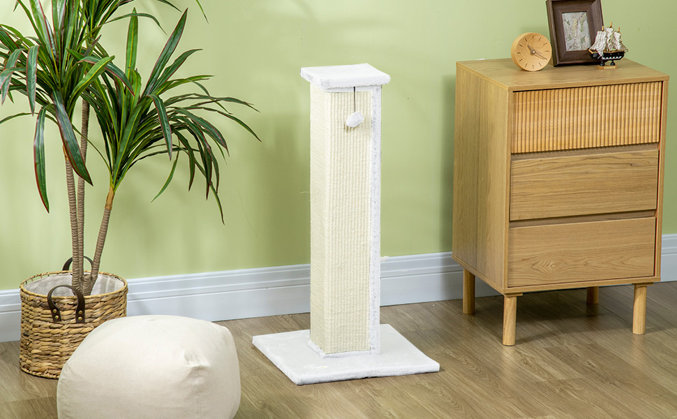 Кігтеточка PawHut для котів, 81 см, з натурального сизалю, м'який плюш, кулька, білий колір, 41 x 41 x 81 см