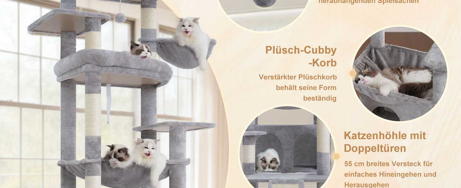 Кігтеточка Heybly для котів, 202 см з 2 великими лежаками, когтешкребком, великою печерою, кошиком, сизалевим стовпом та гамаком. Підходить для дорослих котів, світло-сіра HCT038W