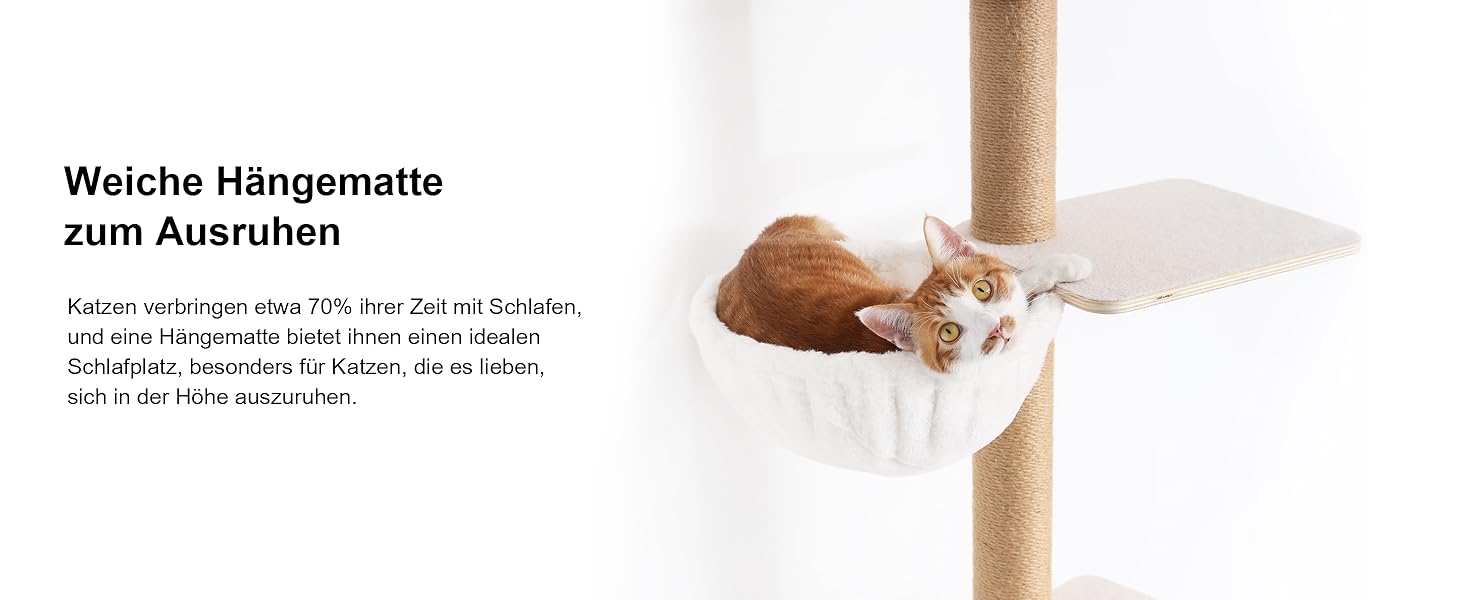 Драбина-кіготь для котів FUKUMARU, 4 яруси, до стелі (251-274см), кріпиться до стіни, з джутової тканини та зручною гамаком, бежева