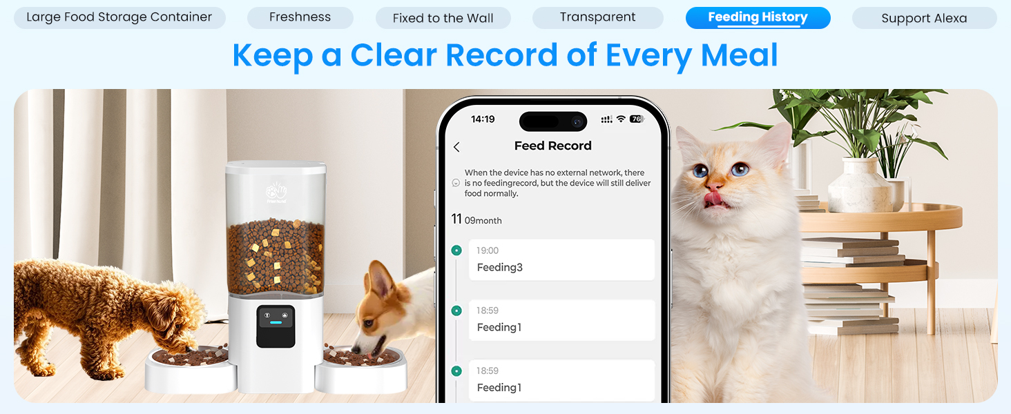 Автомат годування котів Frienhund з 2 мисками та APP: Wi-Fi, повільний дозування, 7л, для 2 котів, з Alexa, білий