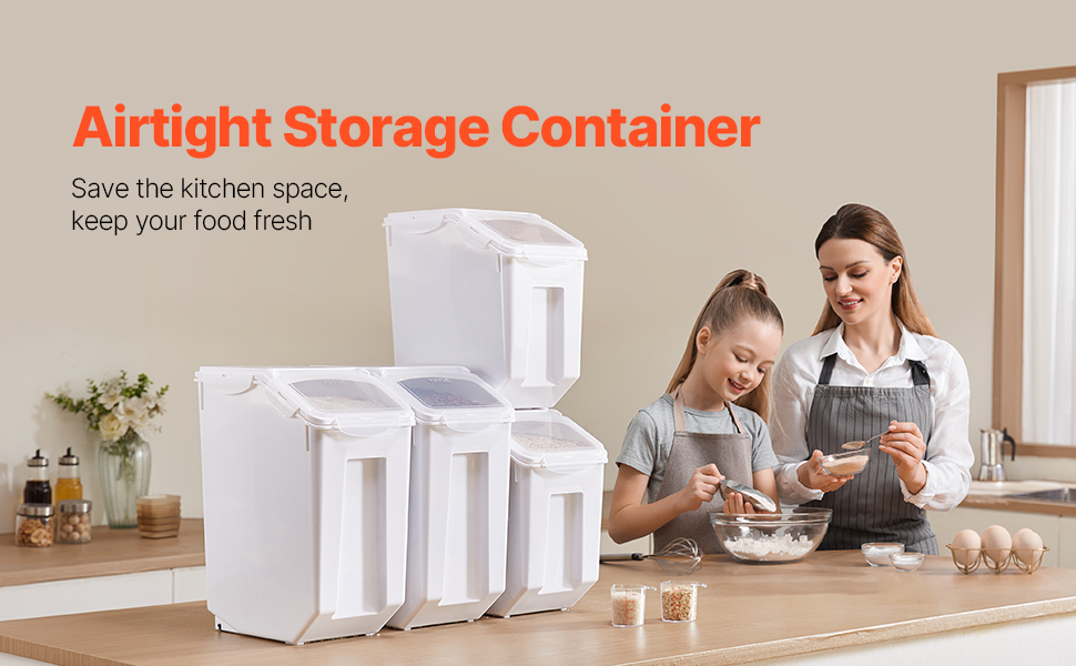 Набір контейнерів для зберігання VEVOR: 4 шт. (2 x 15 л / 2 x 20 л) з колесами, мірним стаканчиком та герметичними кришками. Підходять для кормів для тварин, круп, мюслі та кухонних інгредієнтів.