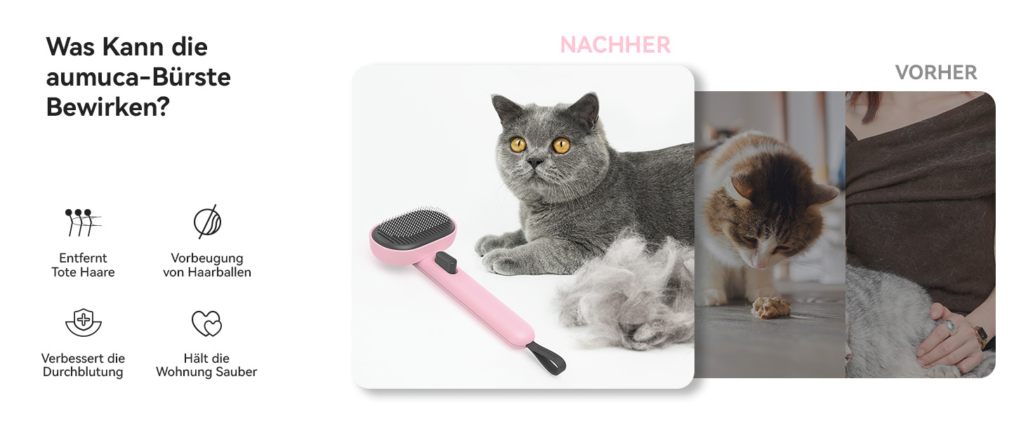 Щітка для котів Aumuca з кнопкою витягування, для довгої та короткої шерсті, універсальна для домашніх тварин, щітка для котів для видалення відмерлого хутра та масажу, рожева