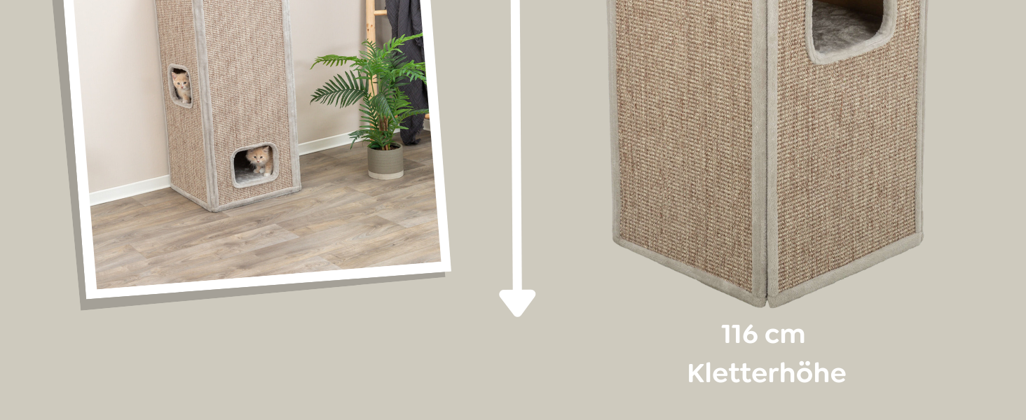 Кігтеточка TRIXIE Juno сіра, 116 см - двоярусна кігтеточка з 2 печерами, лежаком та килимом з сизалю - зручна та стійка