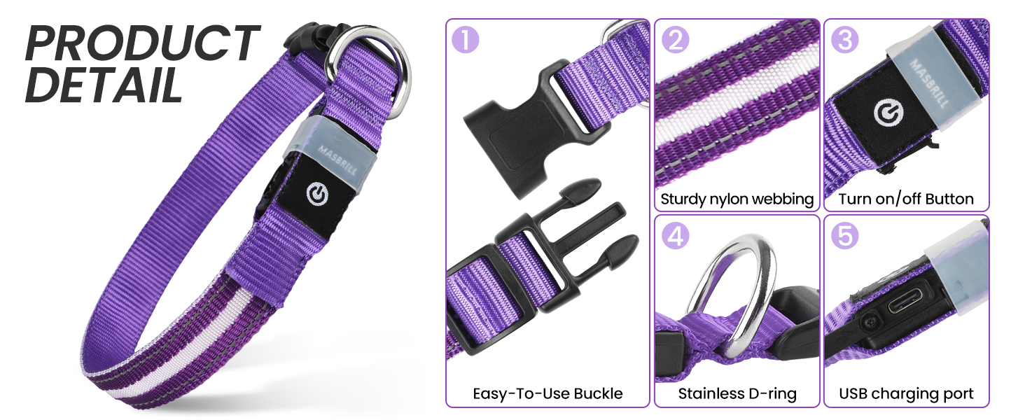 Світлодіодне нашийник для собак Masbrill, світловідбиваючий, водонепроникний, регульований, з 3 світлодіодами, для малих, середніх та великих собак, червоний, L