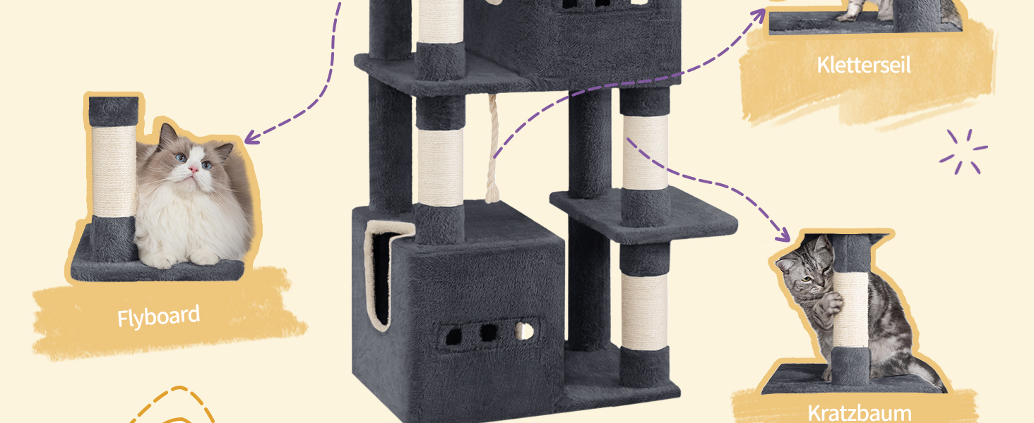 Великий котячий будиночок-кліматизатор, 193 см, XXL, з 7 стовпчиками для шліфування, 3 будиночками, 2 платформами, 2 плюшевими кульками, корзиною, мотузкою для лазіння, багатоповерховий, MS19218LG (темно-сірий)