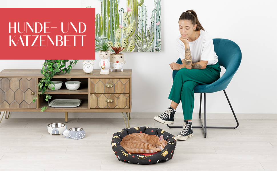 Baroni: М'яке кругле ліжко для собак та котів, 45x55 см, червоно-чорне з коронами, для дому, миття