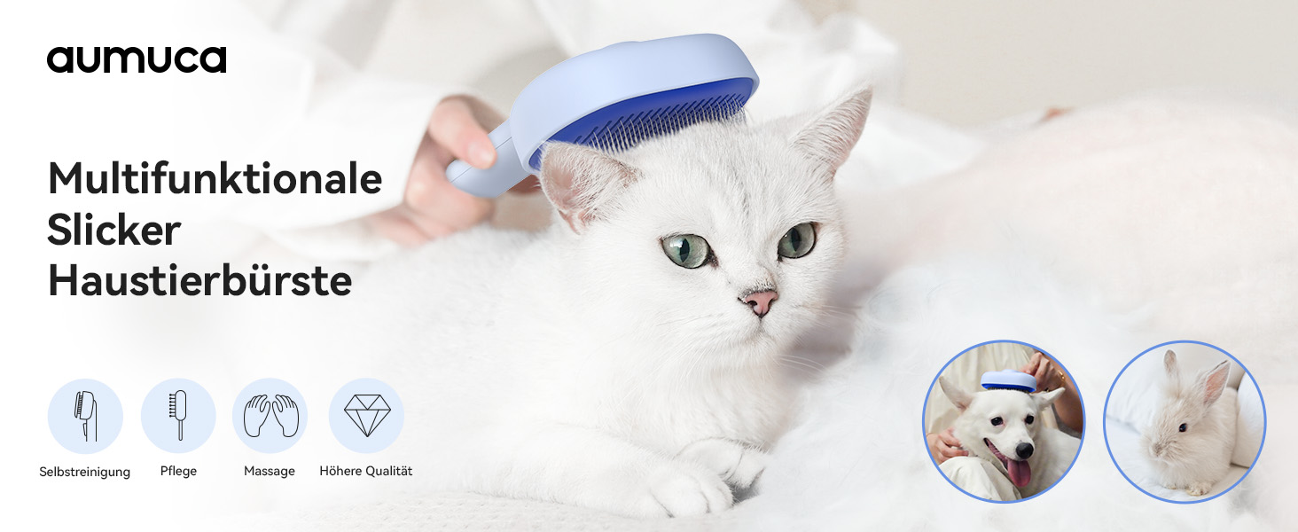 Щітка для котів Aumuca з кнопкою випуску шерсті, довговічна, для короткої та довгої шерсті, видаляє відмерле волосся та масажує (Блакитна)