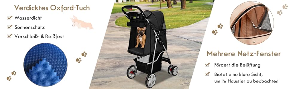 Візок для собак та котів COSTWAY, до 15 кг, з сітчастими віконцями, тримачем для напоїв, кошиком та сонцезахистом, складний, бежевий