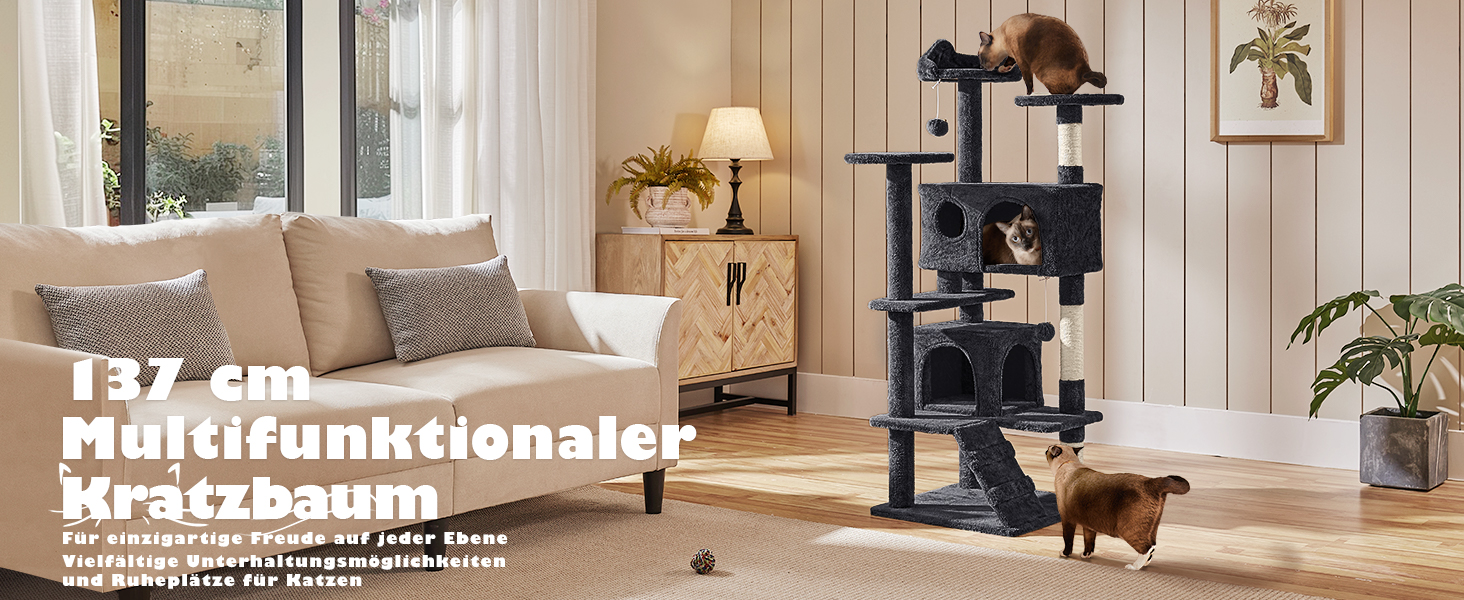 Кігтеточка-кімнатний комплекс Yaheetech 139 см, чорний, з 3 платформами, 3 стовпчиками, 2 хованками та іграшками