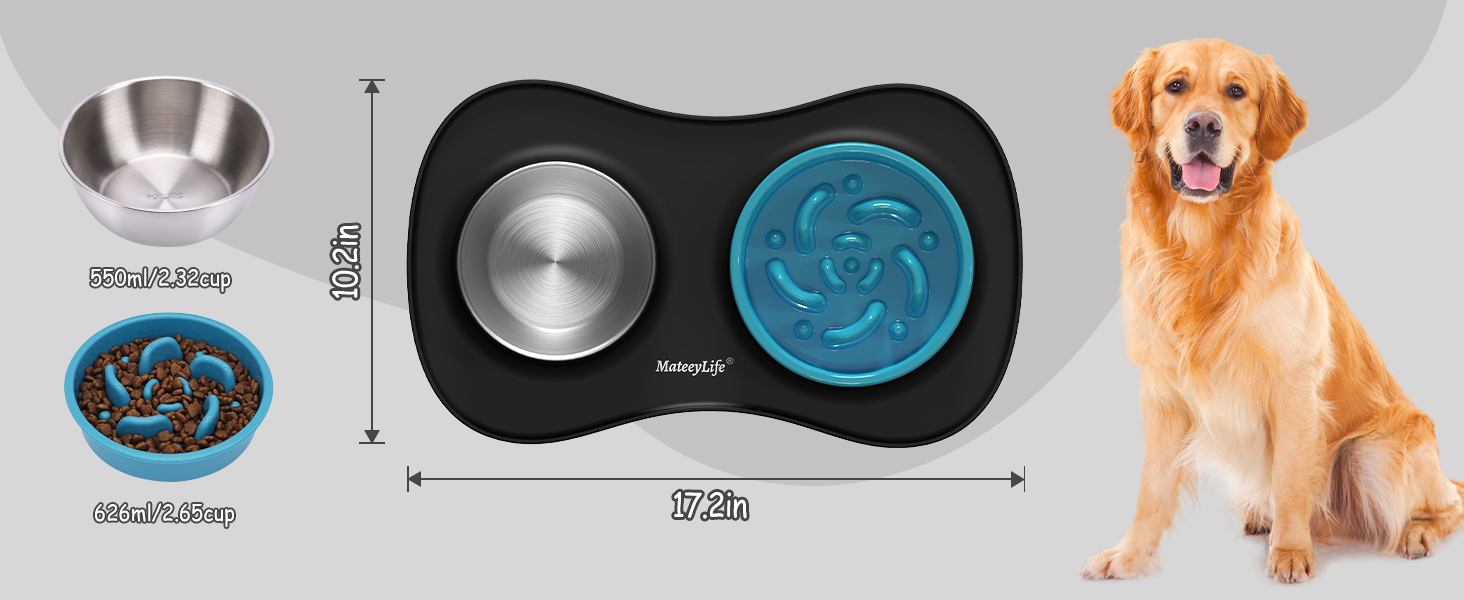 Набір мисок для собак MateeyLife 3-в-1: миска для їжі протиковзаюча, миска для води з нержавіючої сталі та силіконова підставка. Підходить для собак, котів та цуценят різних порід. Чорний колір.