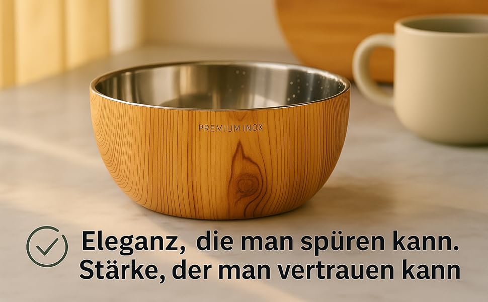 Німецький миска для собак Flamingo з нержавіючої сталі, 700 мл, Ø15,5 см, з подвійними стінками для тривалої свіжості, з антиковзким покриттям, придатна для миття в посудомийній машині, дерев'яна підставка Oase