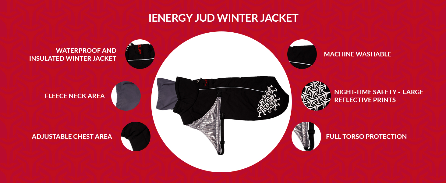 iEnergy™ Куртка для собак на зиму, тепла та легка, з відбиваючими елементами. Червона, середнього розміру