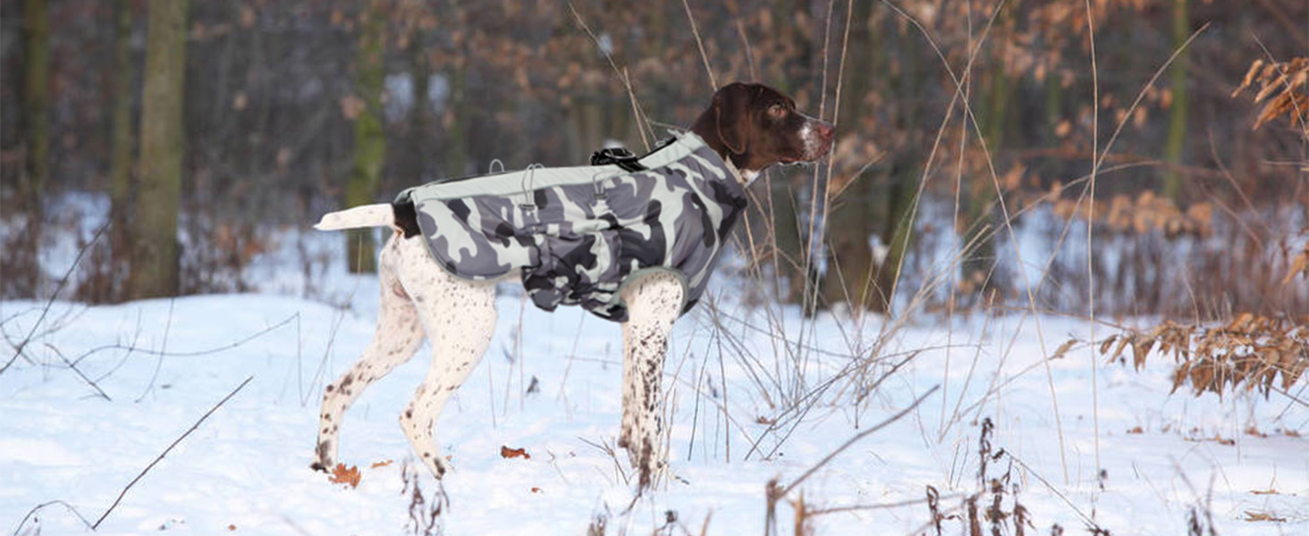 Водонепроникний теплий зимовий одяг для собак - куртка з отвором для шлейки, з відбиваючими смугами, для малих, середніх та великих собак, колір: сірий камуфляж, розмір: S