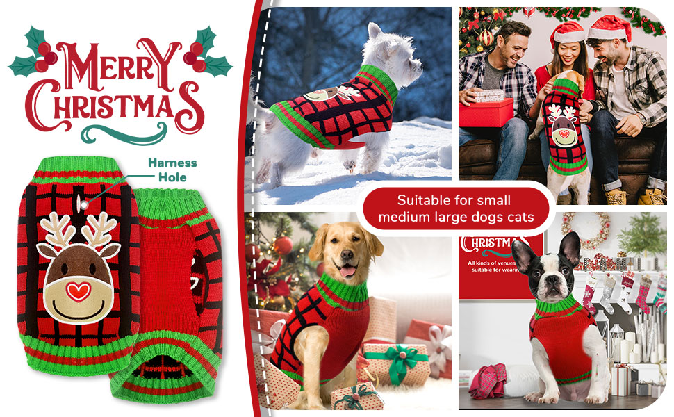 Теплий святковий пуловер для собак з отвором для шлейки, червоний в клітинку, олень. Підходить для малих, середніх та великих собак, котів. Ідеальний для осені та зими.