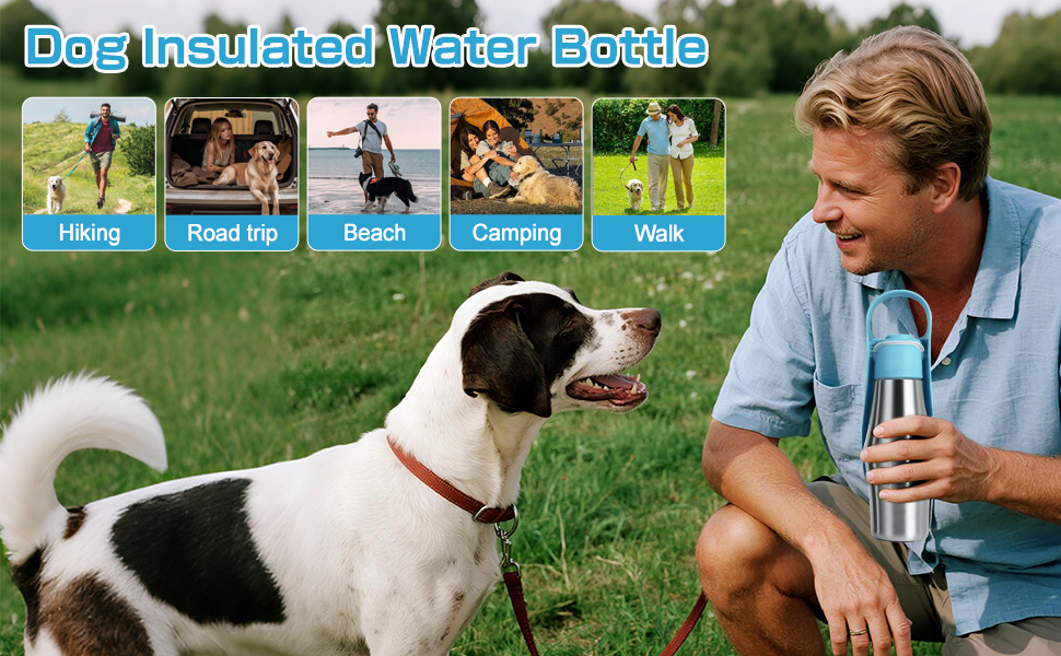 Водяна пляшка для собак на прогулянці - витокозахисна, з нержавіючої сталі, подвійні стінки, вакуумна ізоляція, 750 мл (Блакитна)