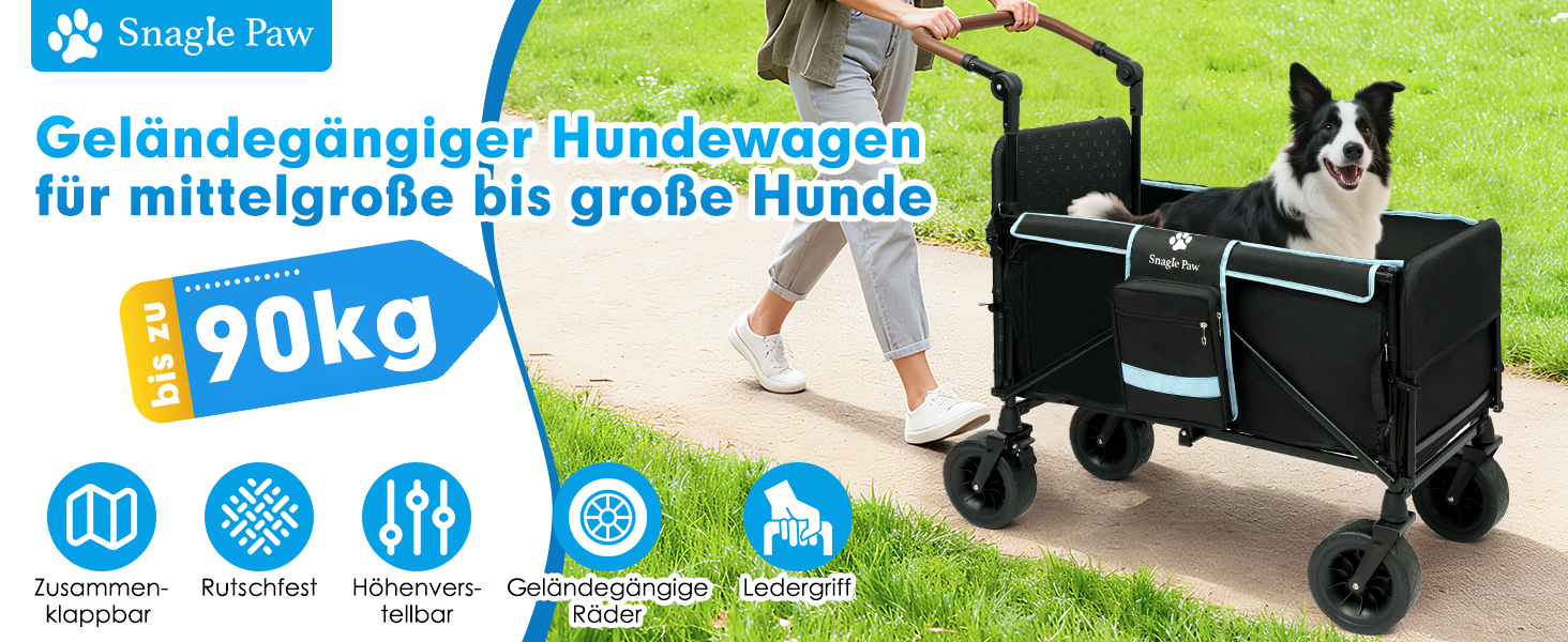 Візок для собак Snagle Paw з дверцятами та рампою, великий, розкладний, для собак середніх та великих порід, регульована ручка та гальма, 4 колеса для прогулянок, бігу, подорожей, до 90 кг (Чорний/Синій)