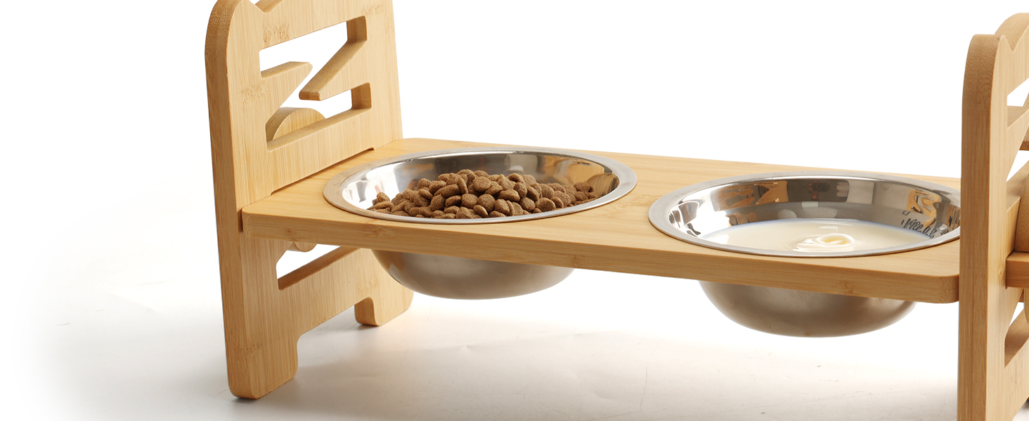 Підвищена годівниця для собак RLAVBL з бамбука, регульована, для повільного годування, з 2 нержавіючими мисками, антиковзаючі підкладки, для собак та котів