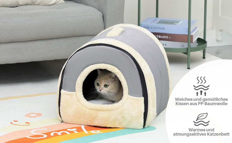 Кішечка Hollypet: ліжко для котів та маленьких собак, 2-в-1, тепле гніздо-печера з кришталевої оксамиту, сірий колір, для дому та вулиці