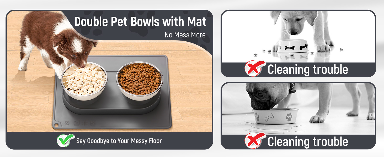 Набір мисок для котів та маленьких собак Marchul: подвійні, з підставкою, з нержавіючої сталі, 15° нахил, з силіконовим килимком