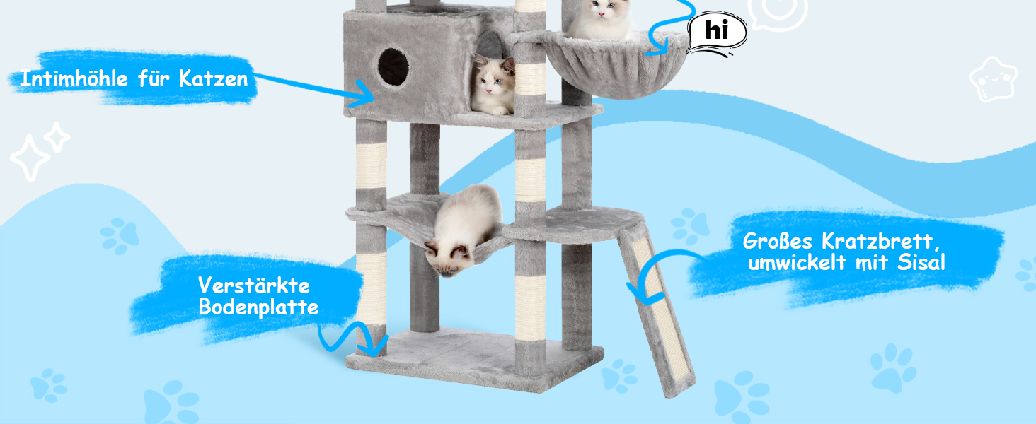 Багатоярусний котячий будиночок Hey-brother Kratzbaum, 175 см, сірий. З платформами, гамаком, печерами, котячими будиночками, дряпалкою та іграшкою. Модель EMPJ037W