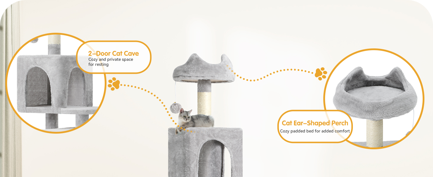 Кігтеточка YITAHOME XL, 137 см, з 2 сизалевими стовпцями, 1 платформою, 2 печерами, гамаком, іграшками-м'ячиками та кігтедробилкою. Ідеальний кімнатний комплекс для котів, сірий колір.