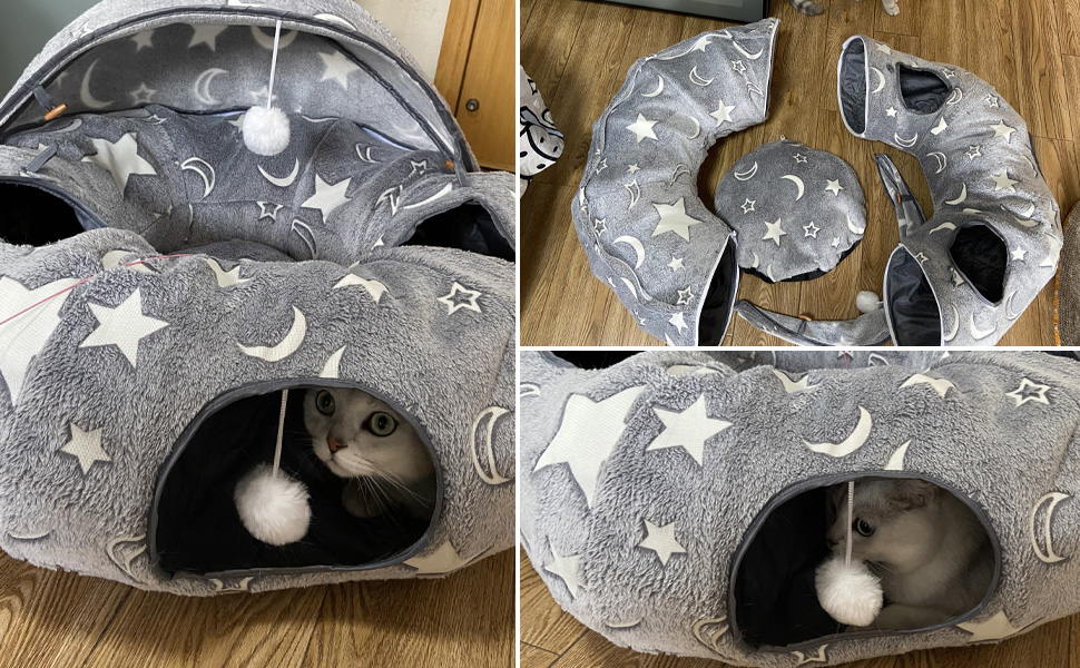 Кішка ліжко з підсвіткою, великий плюшевий тунель для котів з м'ячиком, велика шуршача печера для котів, іграшка для котів, кроликів або цуценят, сірий колір + світиться в темряві